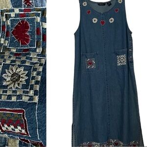 Agan Denim Dress Blue Prairie Cottagecore Embroidery Boho Sunflowers Size PL